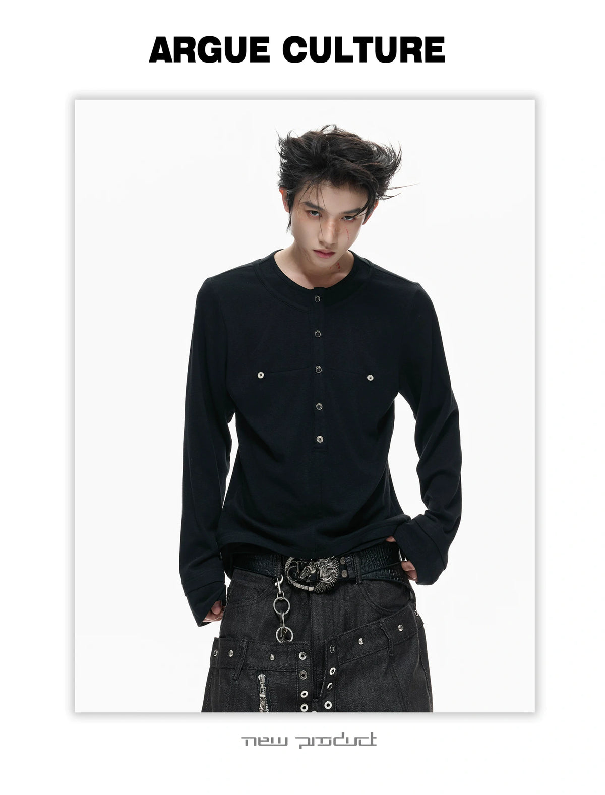 Faux-Layer Cotton Long-Sleeve Top with Metal Buttons - description image 14