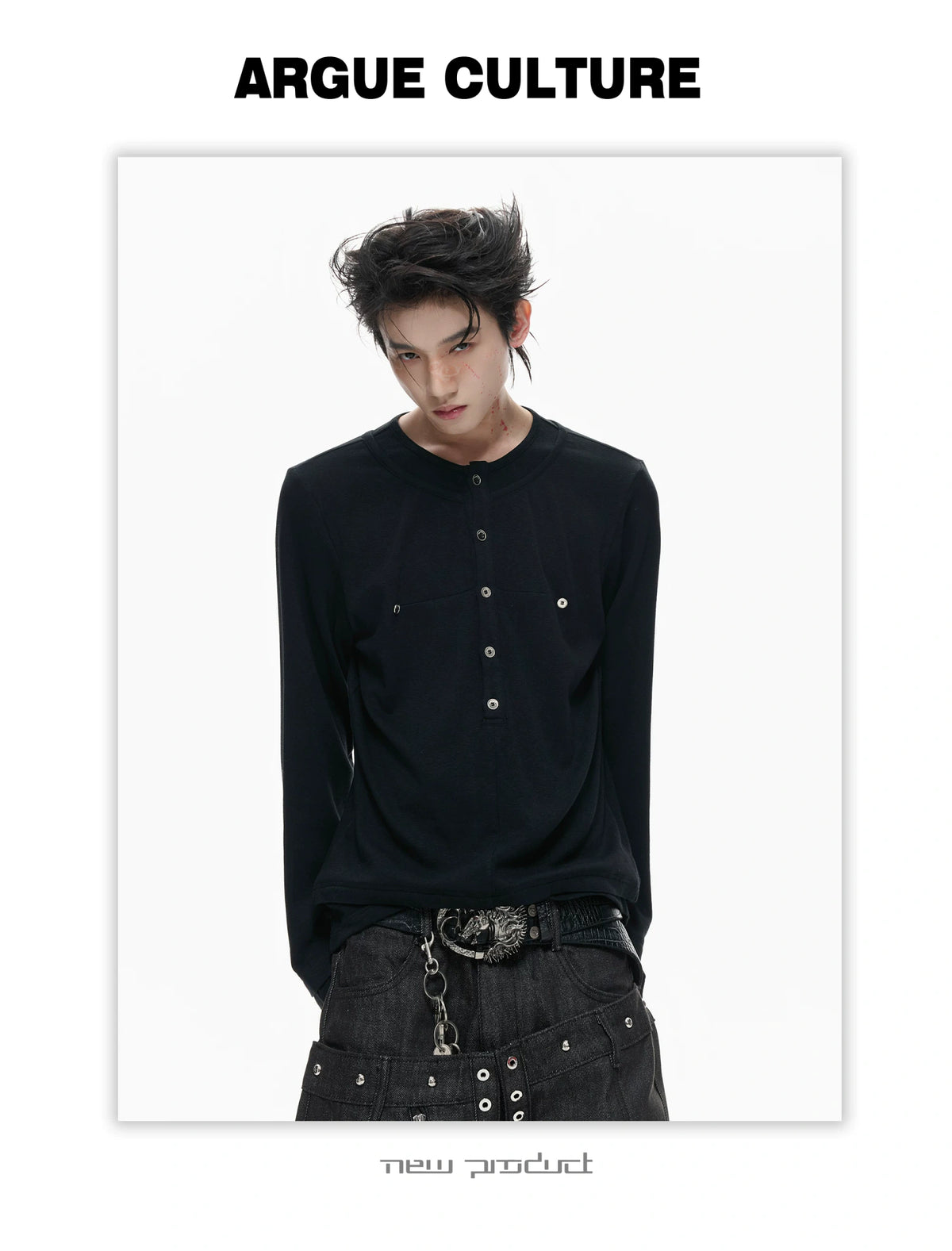 Faux-Layer Cotton Long-Sleeve Top with Metal Buttons - description image 15