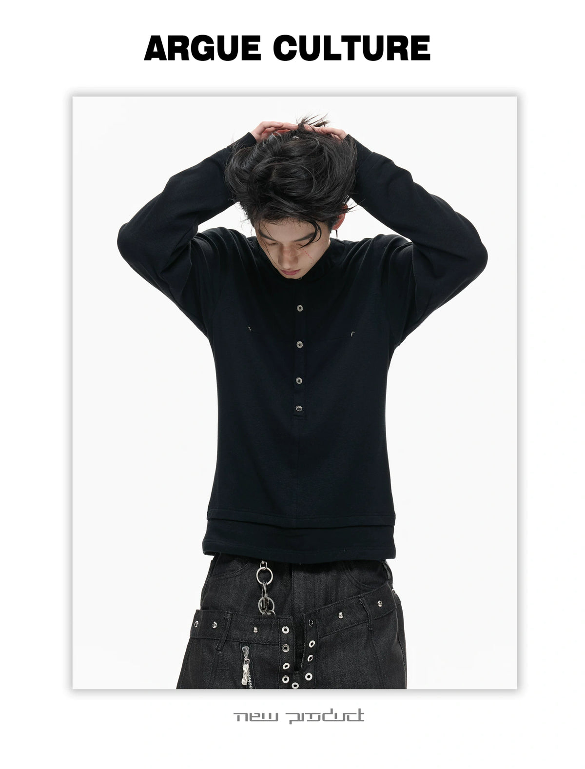 Faux-Layer Cotton Long-Sleeve Top with Metal Buttons - description image 16
