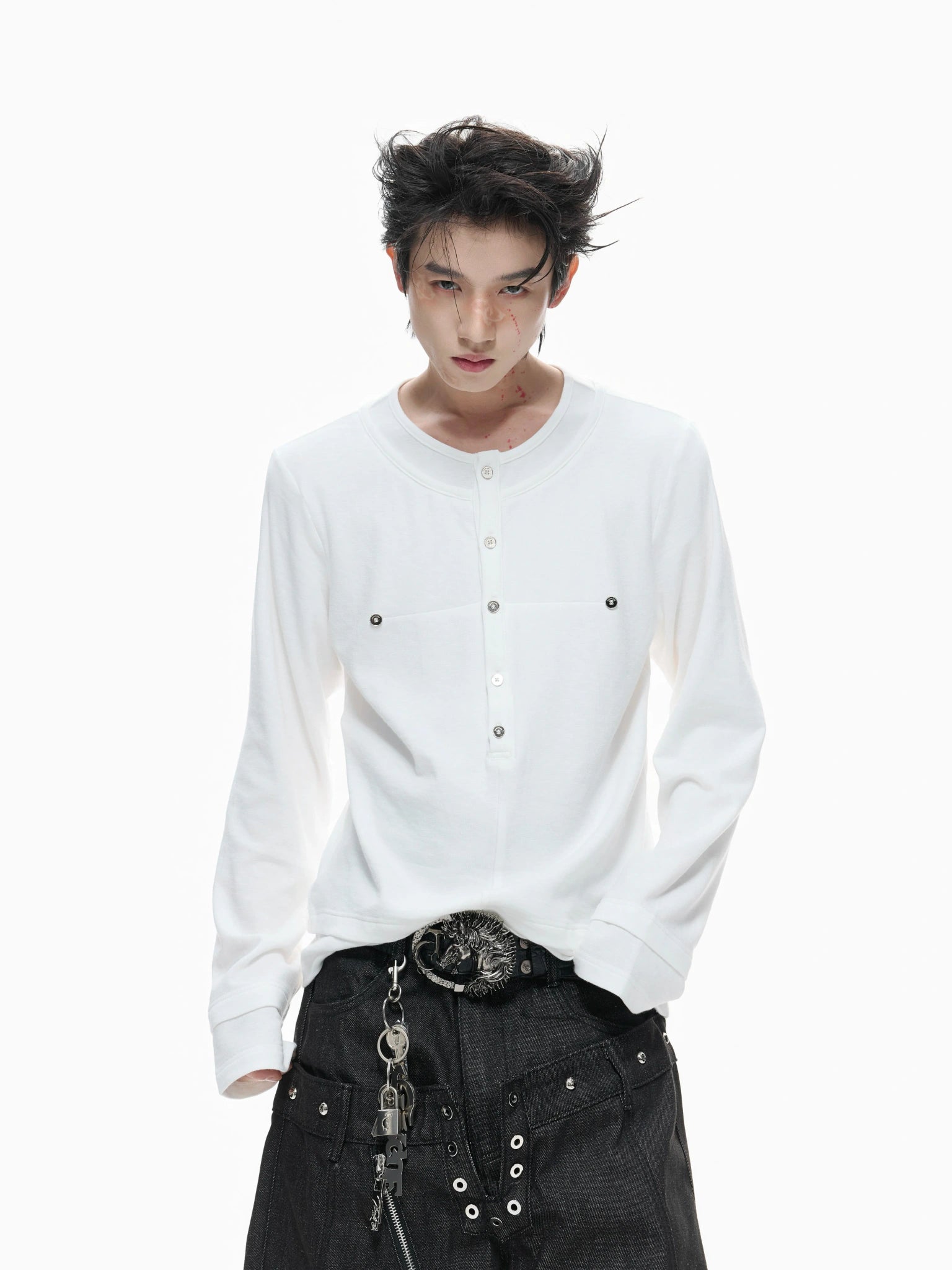 Faux-Layer Cotton Long-Sleeve Top with Metal Buttons - main image 1