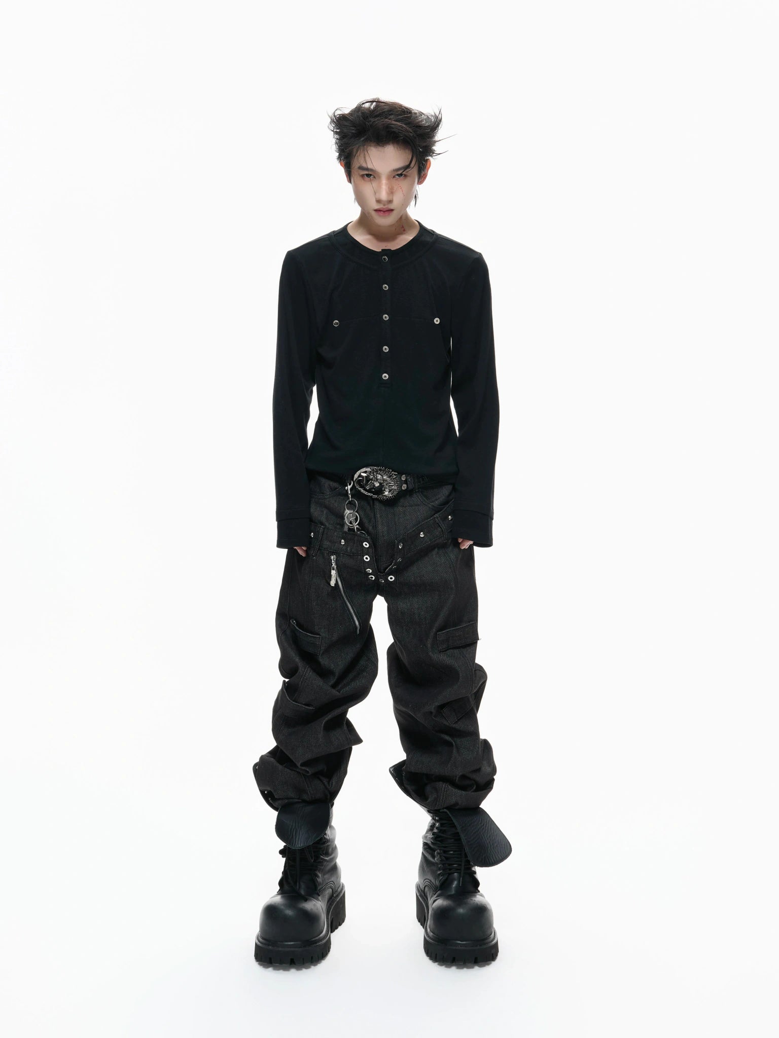 Faux-Layer Cotton Long-Sleeve Top with Metal Buttons - main image 2