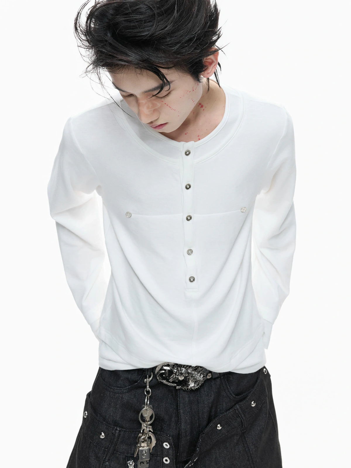 Faux-Layer Cotton Long-Sleeve Top with Metal Buttons - main image 3