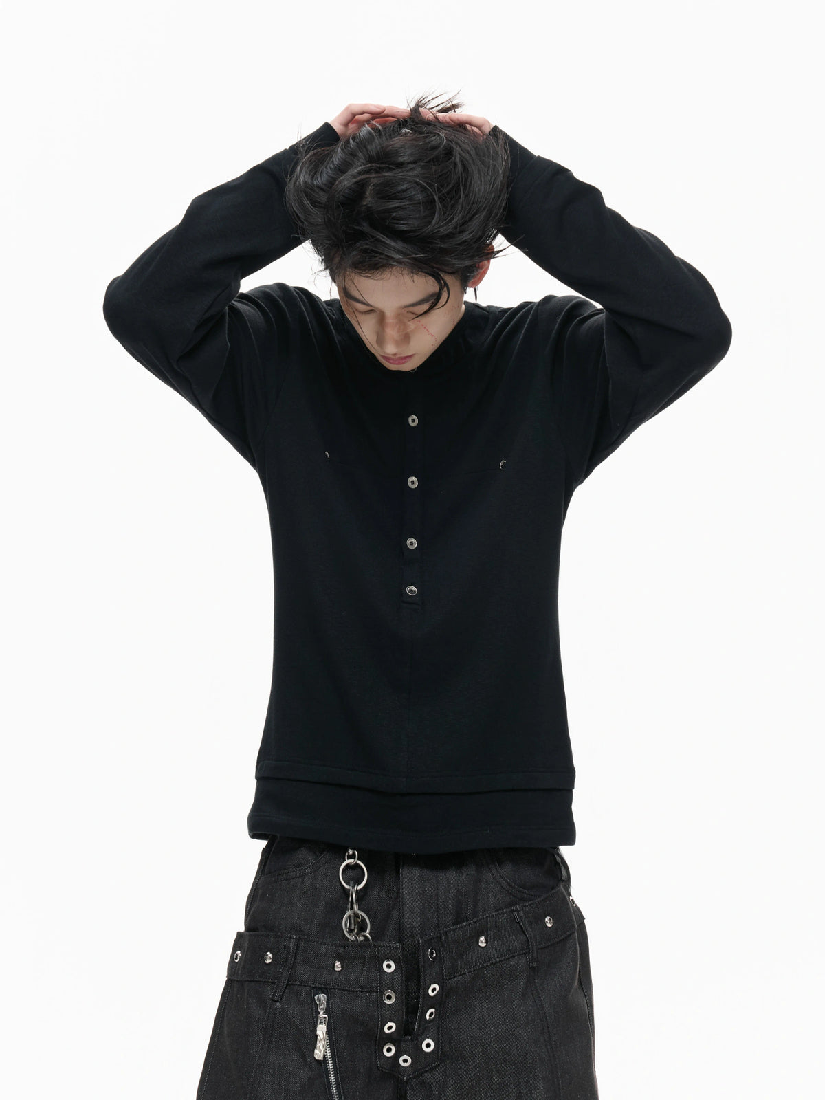 Faux-Layer Cotton Long-Sleeve Top with Metal Buttons - main image 5