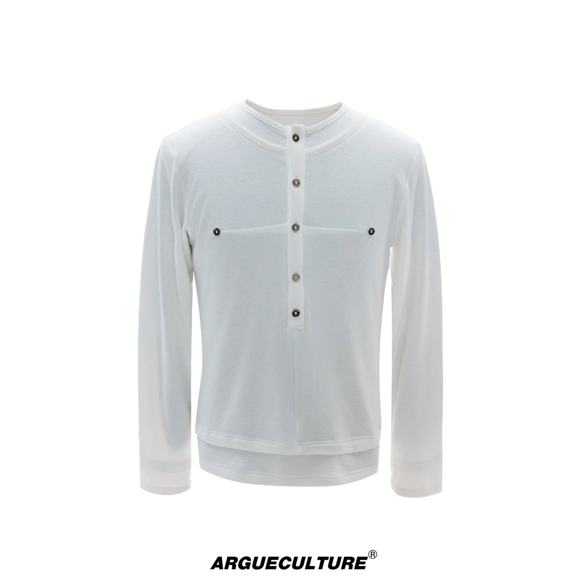 Faux-Layer Cotton Long-Sleeve Top with Metal Buttons - White Top