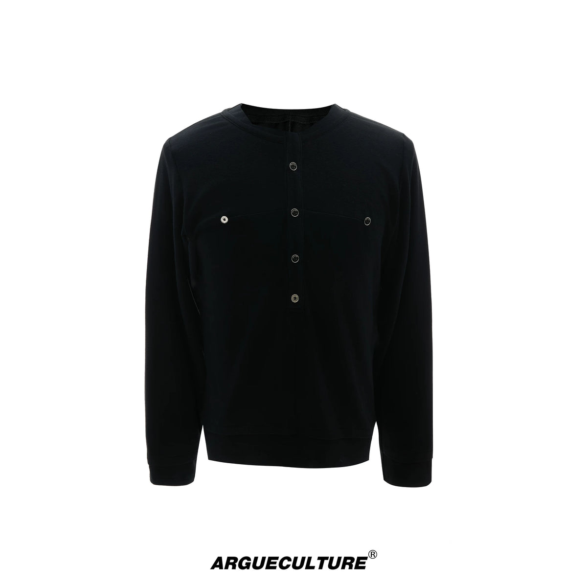 Faux-Layer Cotton Long-Sleeve Top with Metal Buttons - Black Top