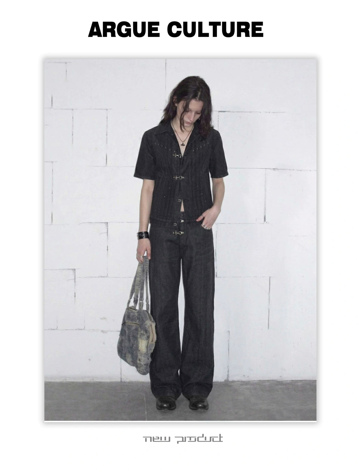 Black Raw Denim Lapel Jacket & Flared Jeans Set - description image 3