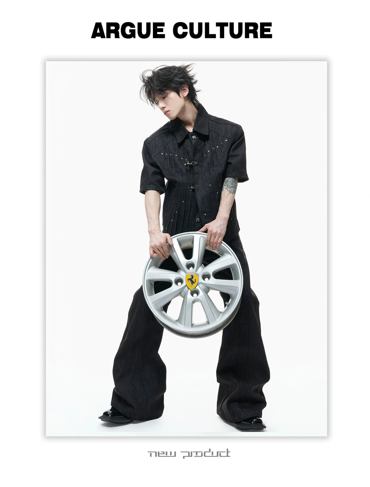 Black Raw Denim Lapel Jacket & Flared Jeans Set - description image 4