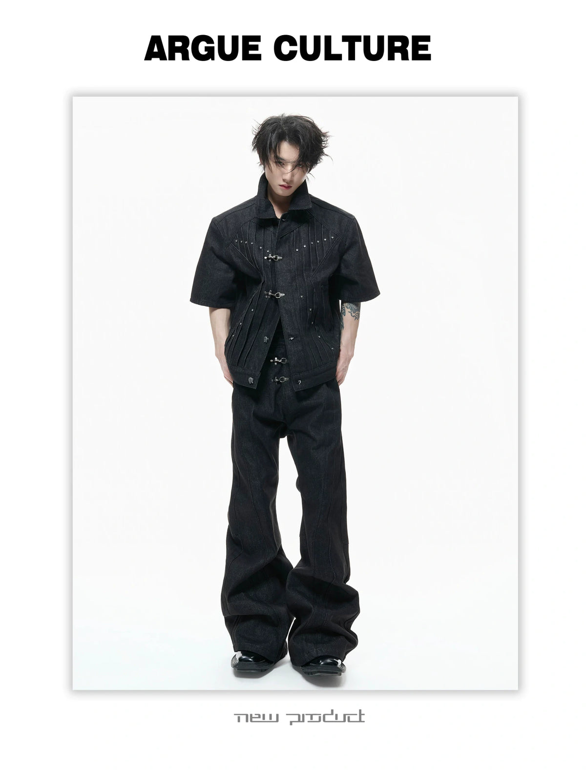 Black Raw Denim Lapel Jacket & Flared Jeans Set - description image 5