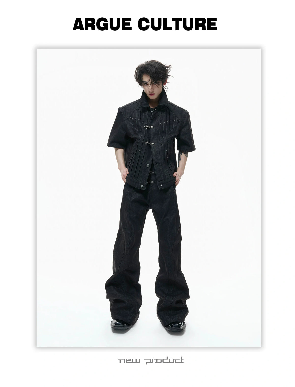 Black Raw Denim Lapel Jacket & Flared Jeans Set - description image 6