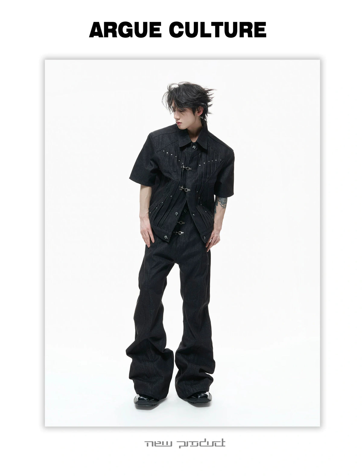 Black Raw Denim Lapel Jacket & Flared Jeans Set - description image 7