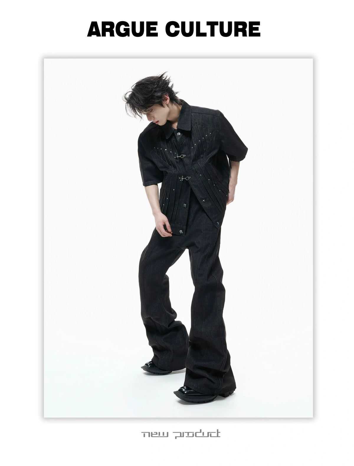Black Raw Denim Lapel Jacket & Flared Jeans Set - description image 8