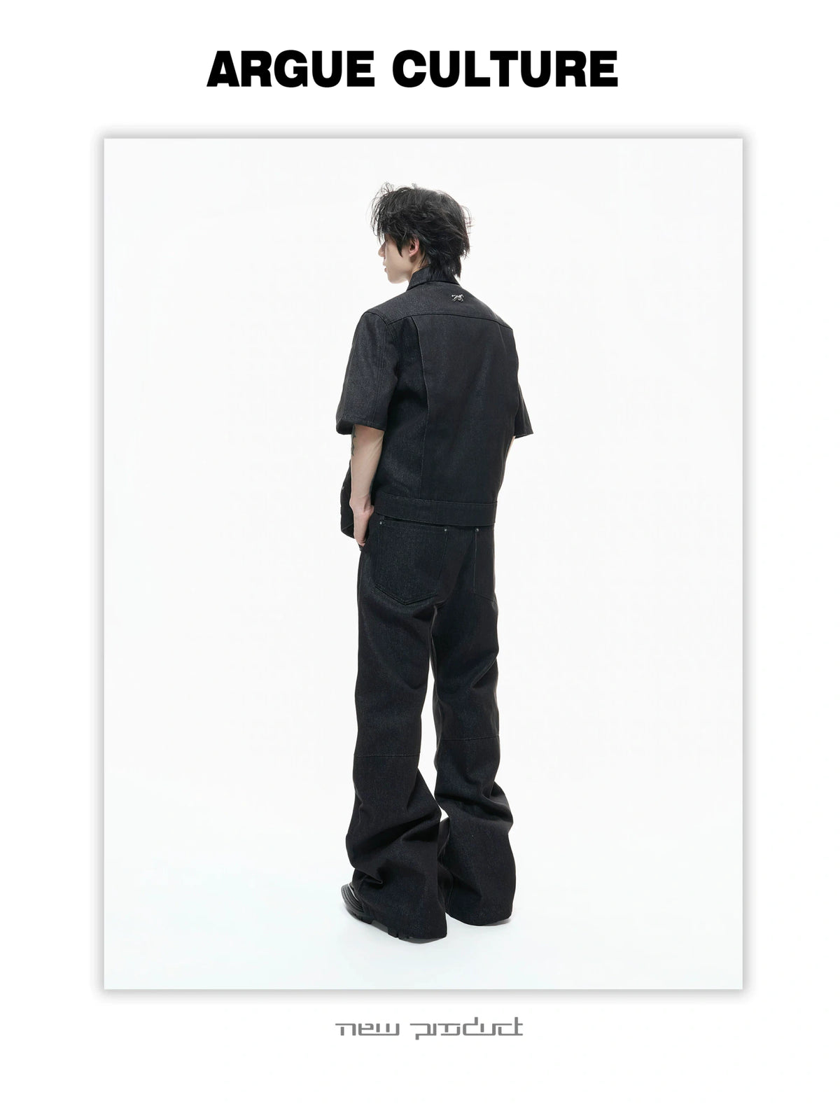 Black Raw Denim Lapel Jacket & Flared Jeans Set - description image 9