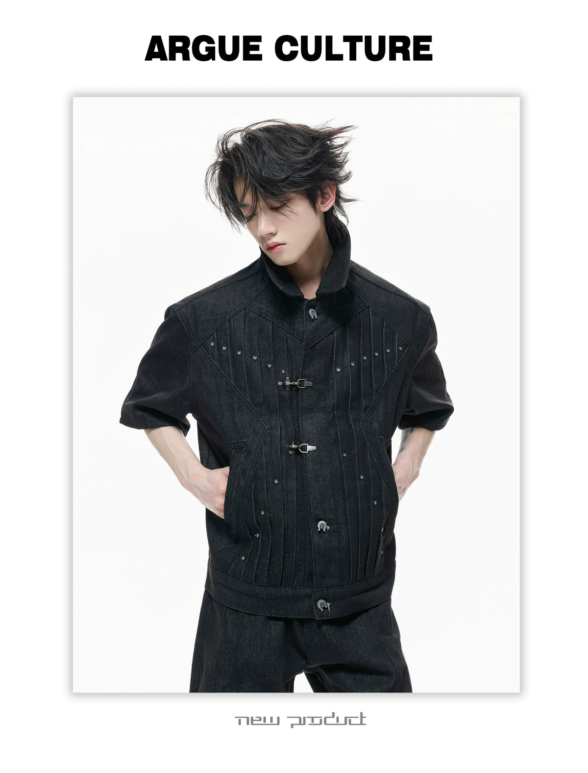 Black Raw Denim Lapel Jacket & Flared Jeans Set - description image 10