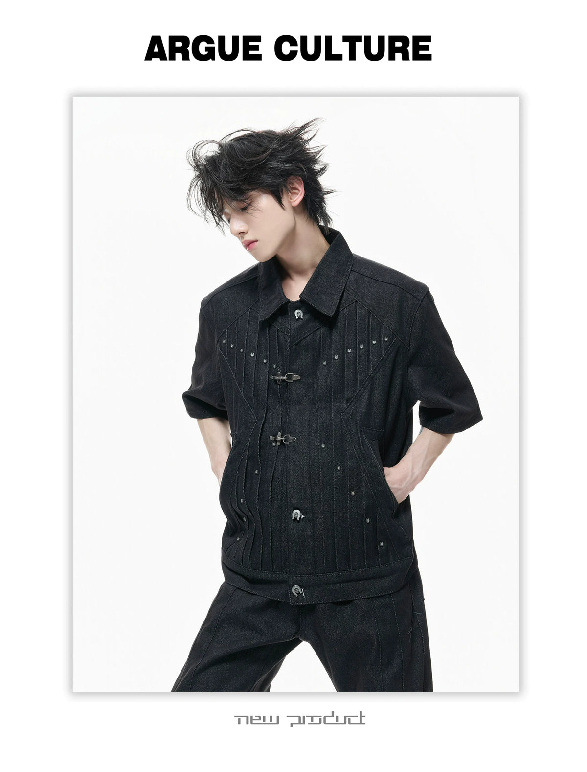 Black Raw Denim Lapel Jacket & Flared Jeans Set - description image 11