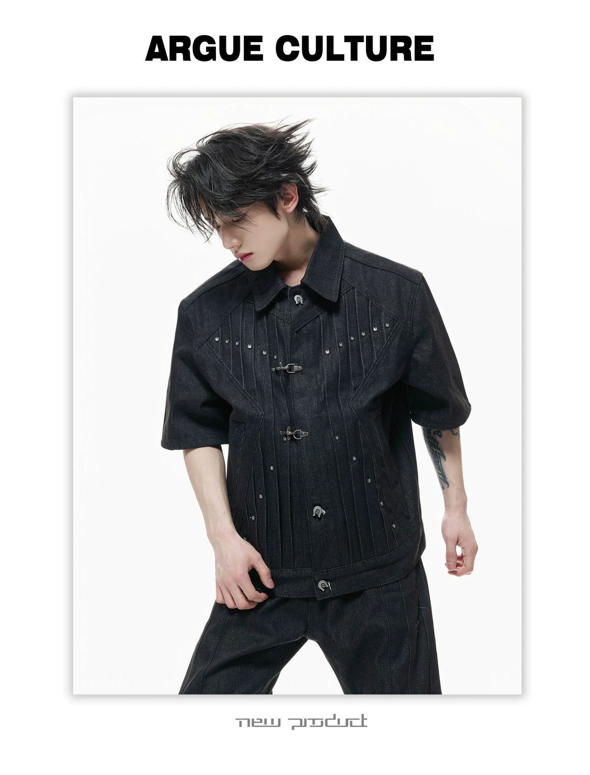 Black Raw Denim Lapel Jacket & Flared Jeans Set - description image 12