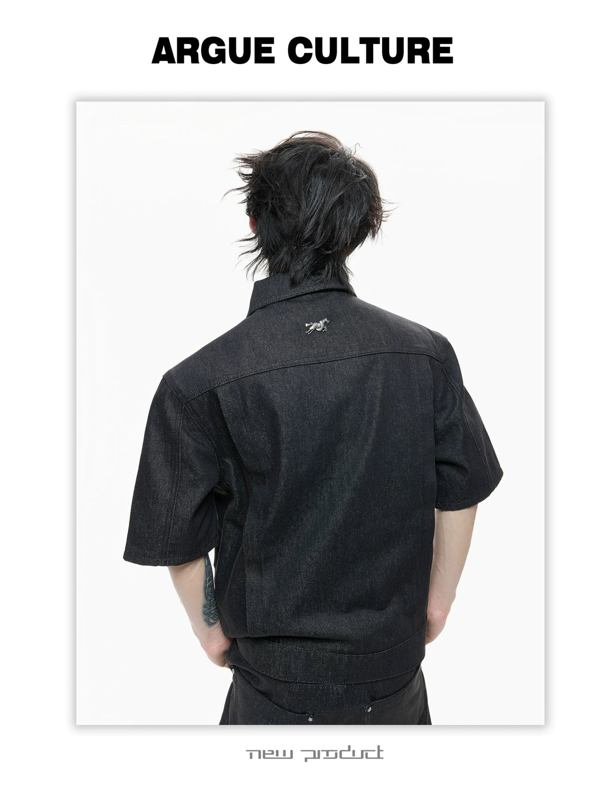 Black Raw Denim Lapel Jacket & Flared Jeans Set - description image 13