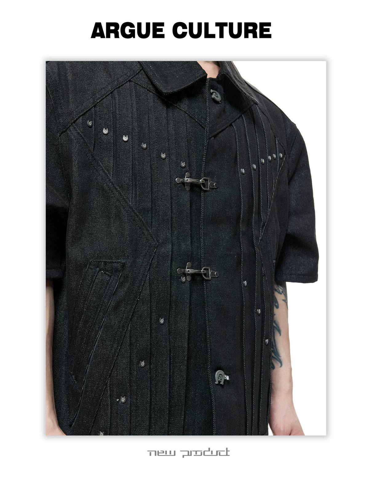 Black Raw Denim Lapel Jacket & Flared Jeans Set - description image 14