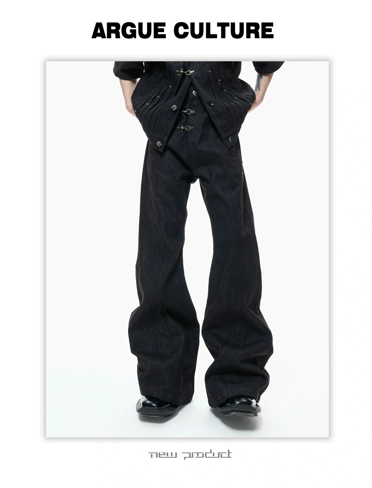 Black Raw Denim Lapel Jacket & Flared Jeans Set - description image 15