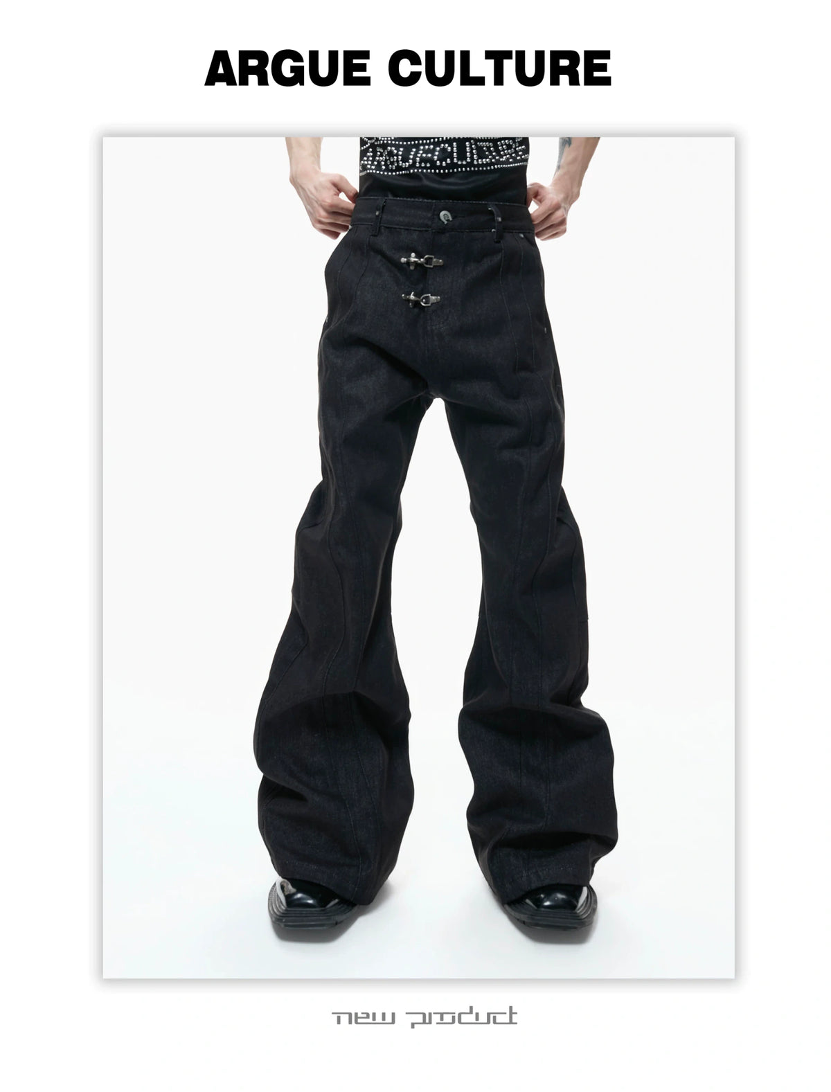 Black Raw Denim Lapel Jacket & Flared Jeans Set - description image 16