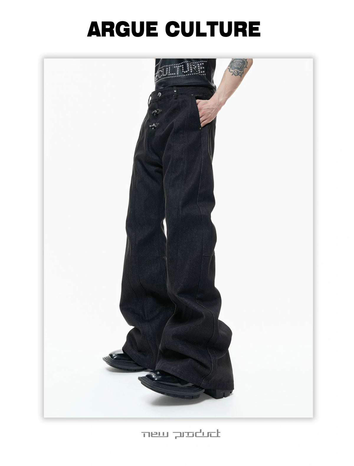 Black Raw Denim Lapel Jacket & Flared Jeans Set - description image 17