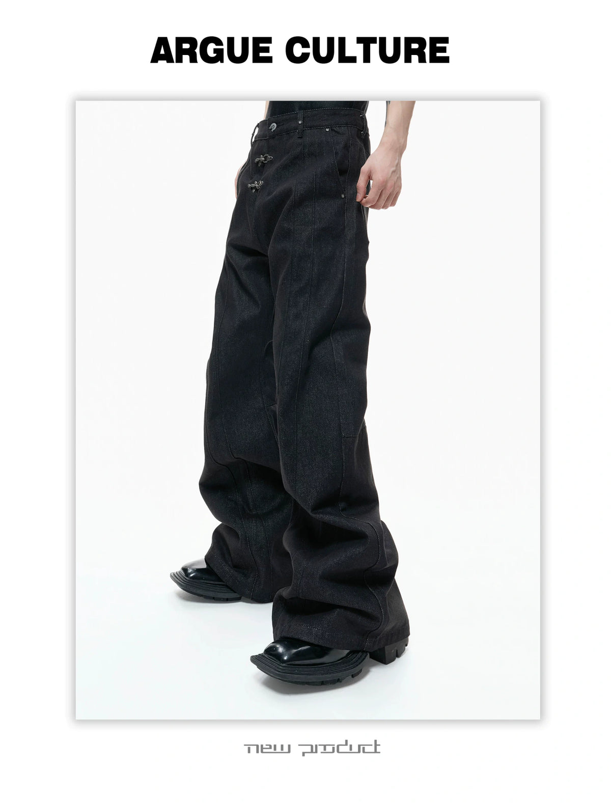 Black Raw Denim Lapel Jacket & Flared Jeans Set - description image 18