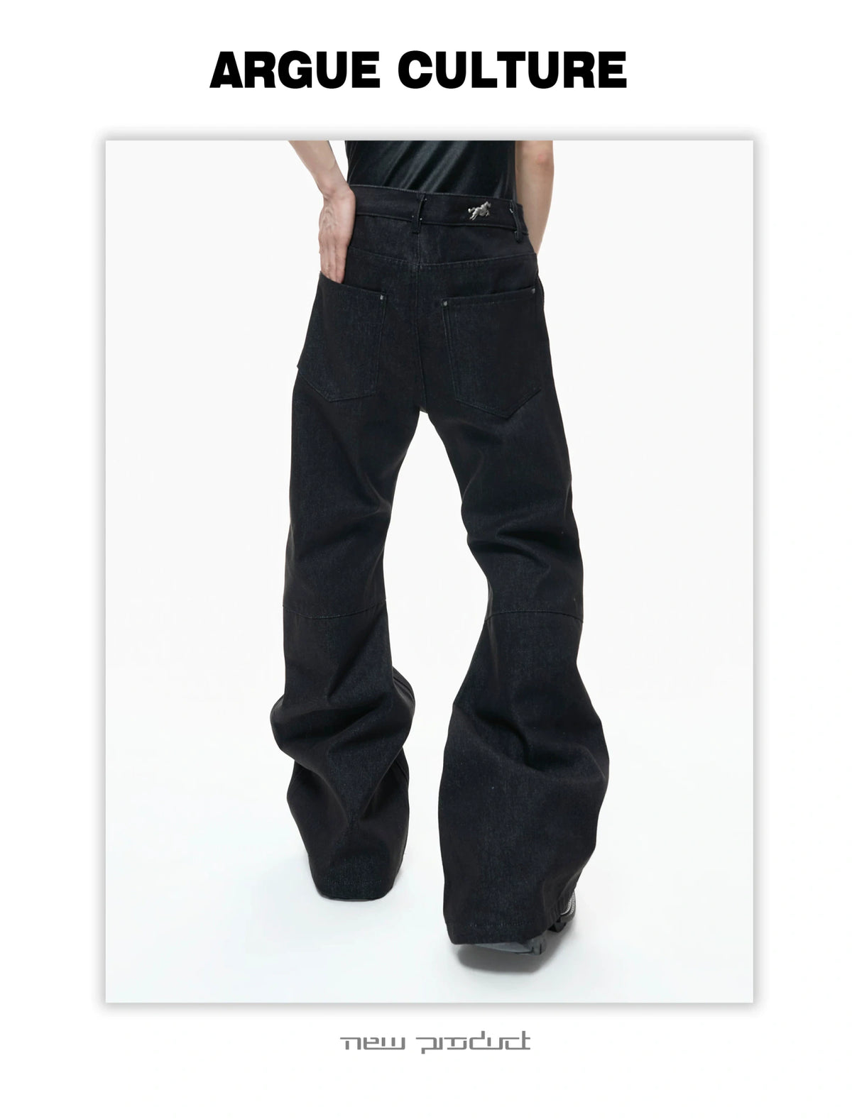 Black Raw Denim Lapel Jacket & Flared Jeans Set - description image 20