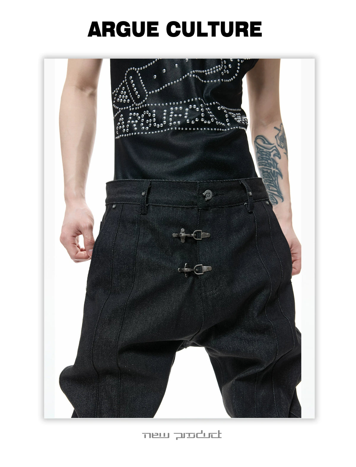 Black Raw Denim Lapel Jacket & Flared Jeans Set - description image 21