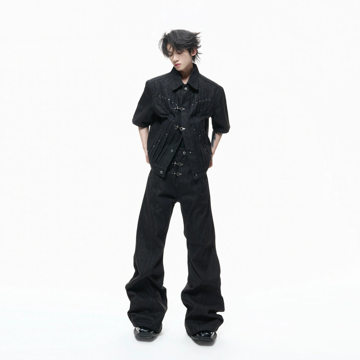 Black Raw Denim Lapel Jacket & Flared Jeans Set - main image 1