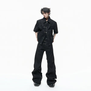 Black Raw Denim Lapel Jacket & Flared Jeans Set - main image 1