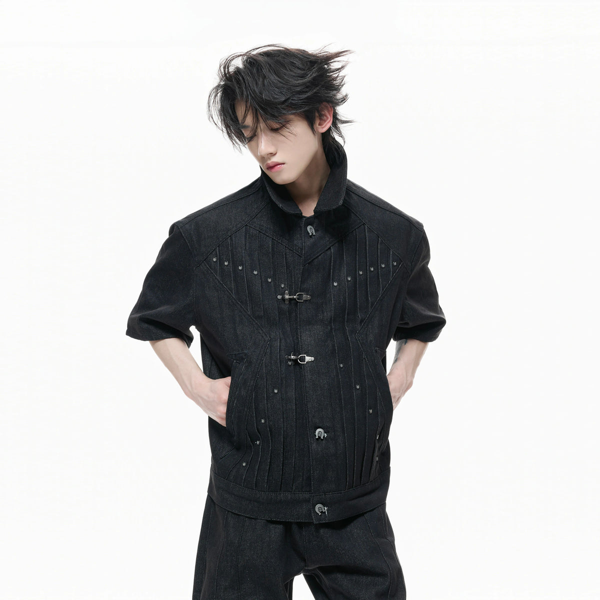 Black Raw Denim Lapel Jacket & Flared Jeans Set - main image 2