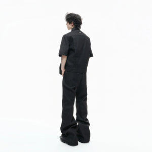 Black Raw Denim Lapel Jacket & Flared Jeans Set - main image 3