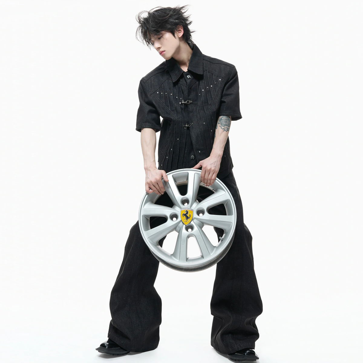 Black Raw Denim Lapel Jacket & Flared Jeans Set - main image 4