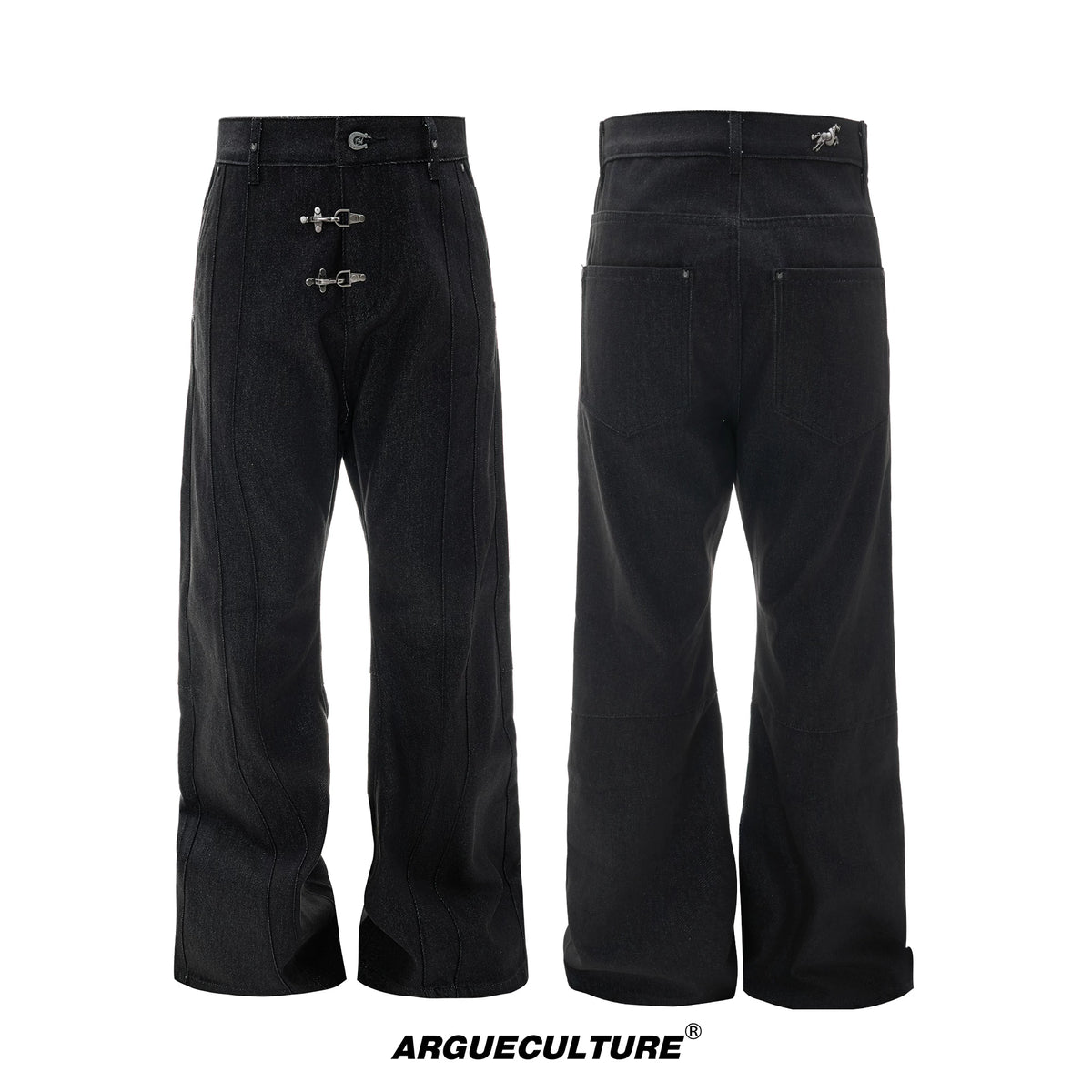 Black Raw Denim Lapel Jacket & Flared Jeans Set - Black Pants