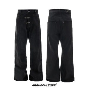 Black Raw Denim Lapel Jacket & Flared Jeans Set - Black Pants