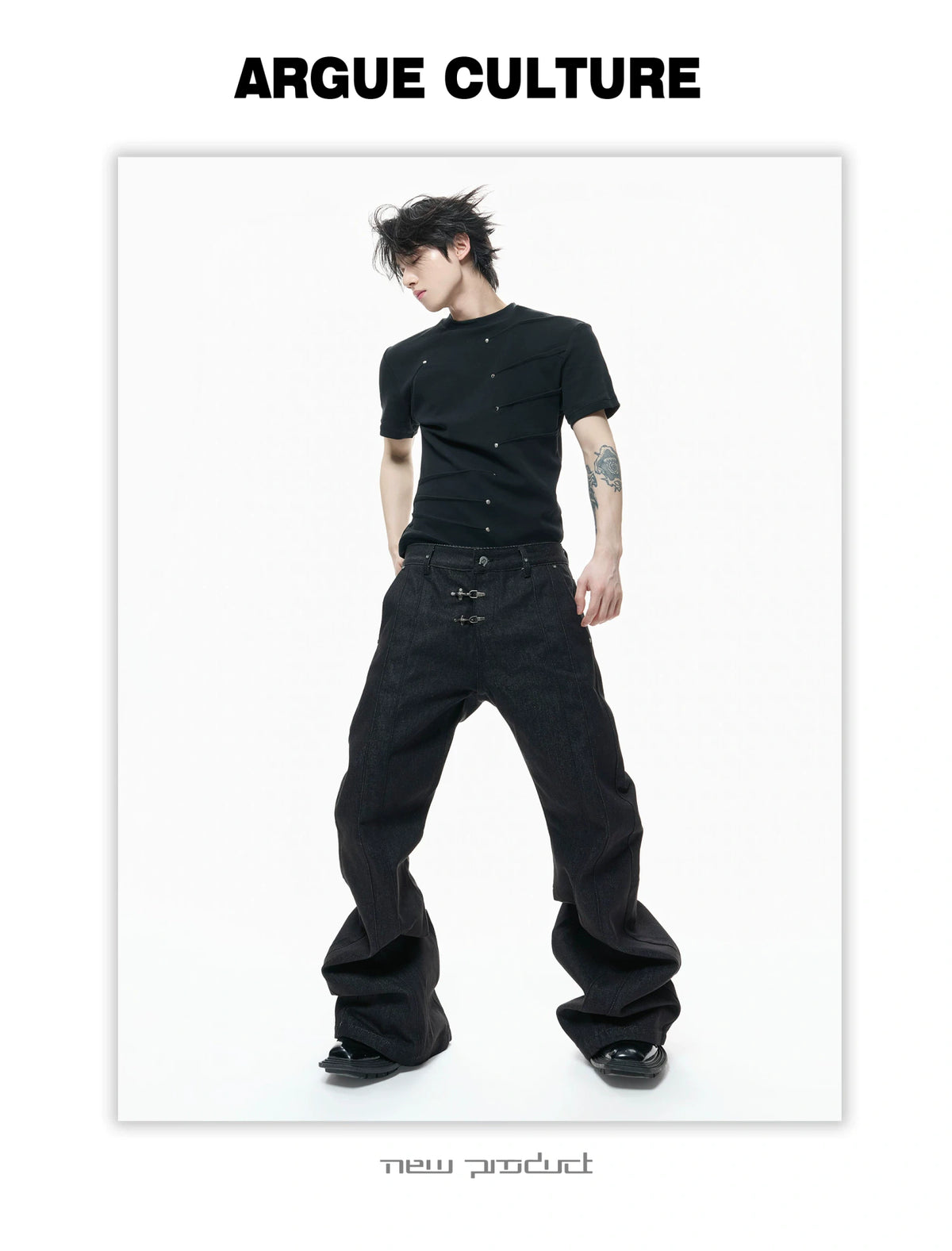 Metal Stud Pleated Crewneck T-Shirt | Unisex Streetwear - description image 4