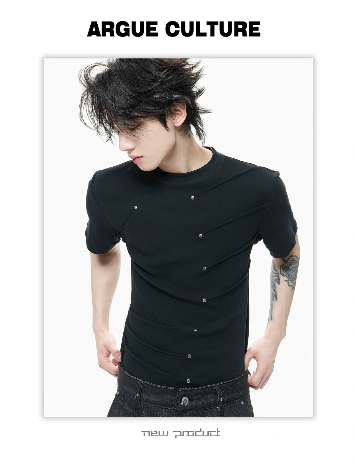 Metal Stud Pleated Crewneck T-Shirt | Unisex Streetwear - description image 5