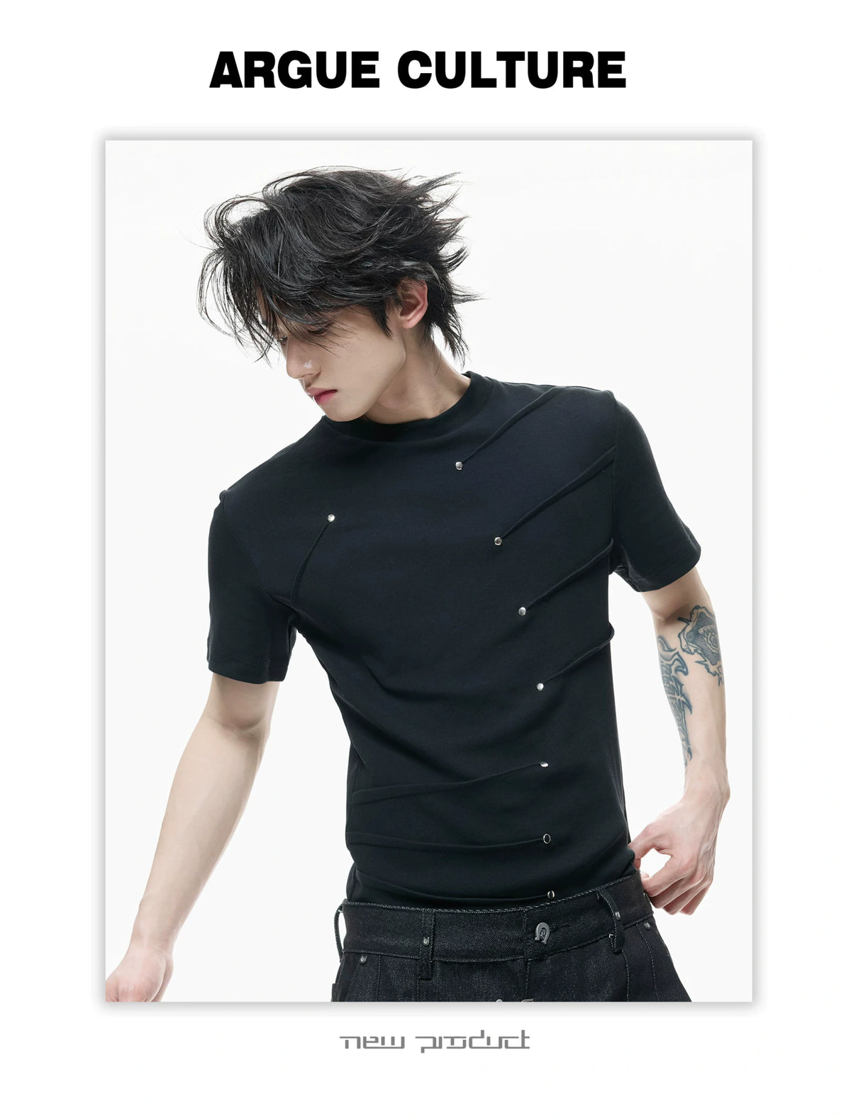 Metal Stud Pleated Crewneck T-Shirt | Unisex Streetwear - description image 6