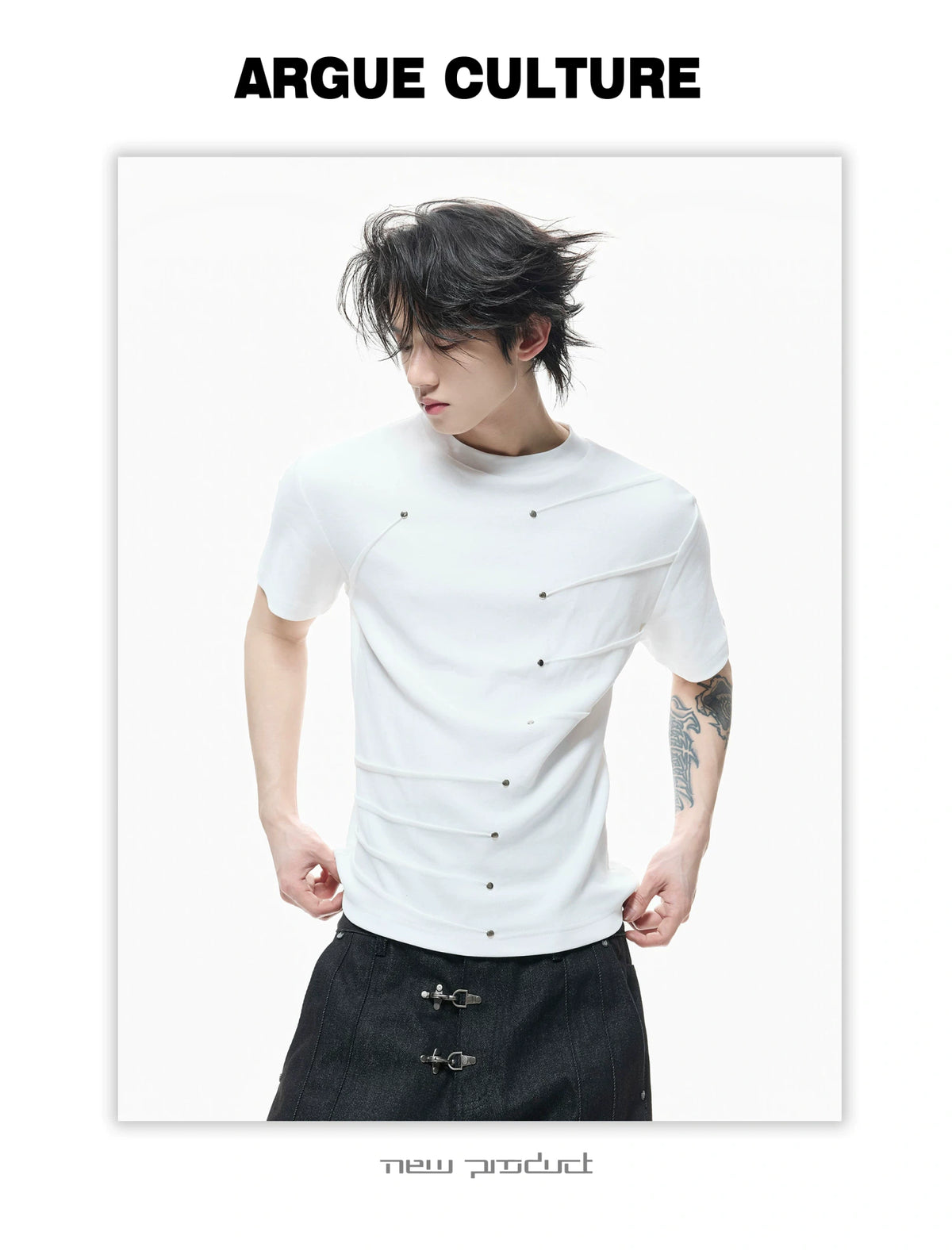 Metal Stud Pleated Crewneck T-Shirt | Unisex Streetwear - description image 9
