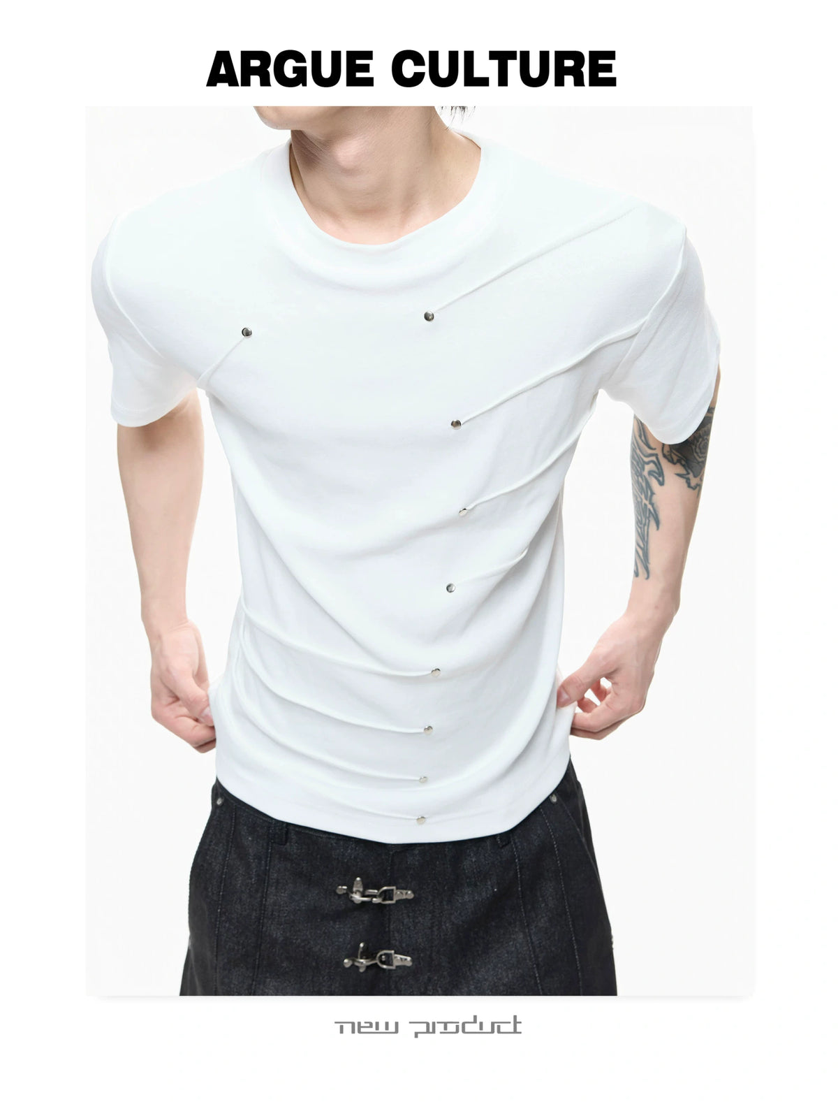 Metal Stud Pleated Crewneck T-Shirt | Unisex Streetwear - description image 12