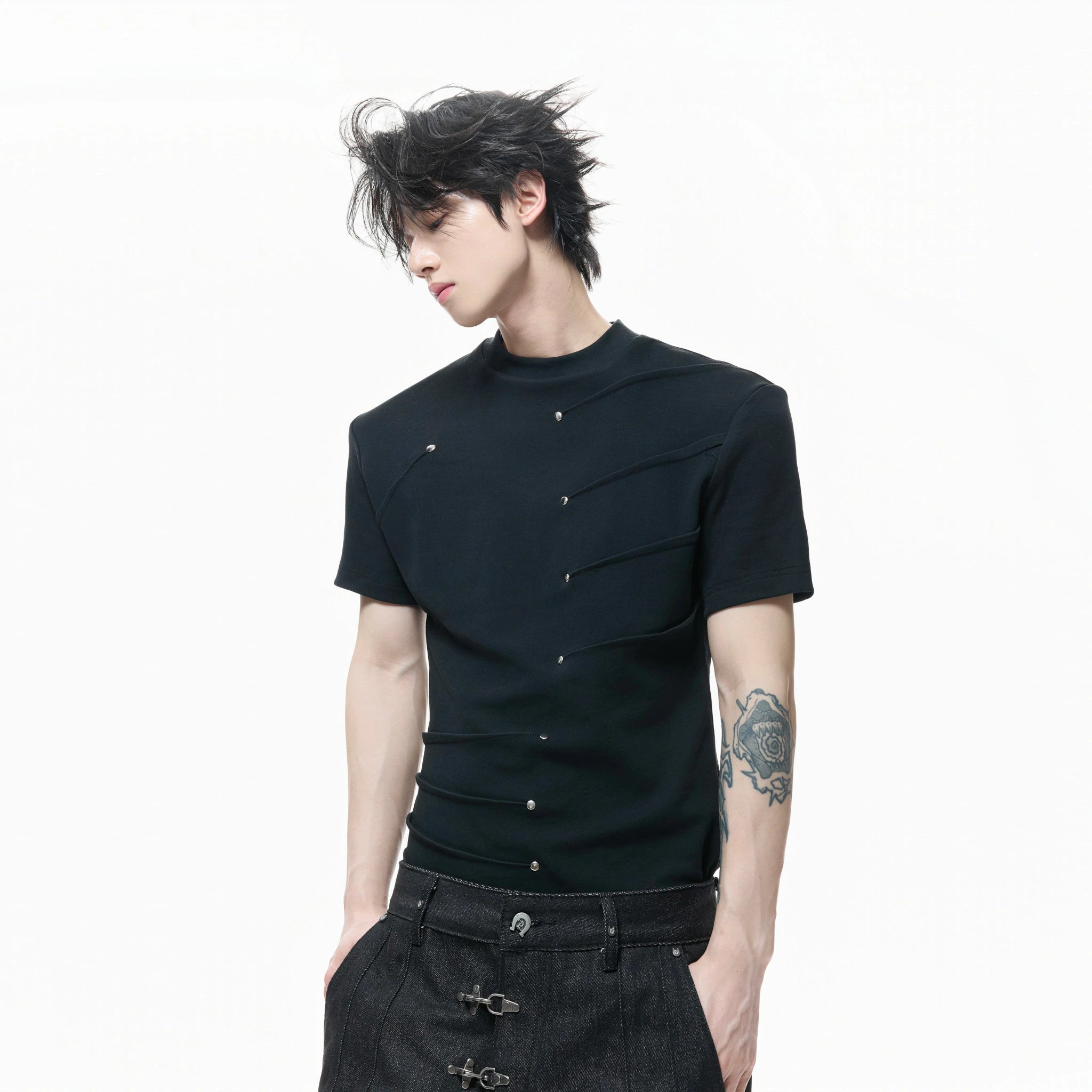 Metal Stud Pleated Crewneck T-Shirt | Unisex Streetwear - main image 1