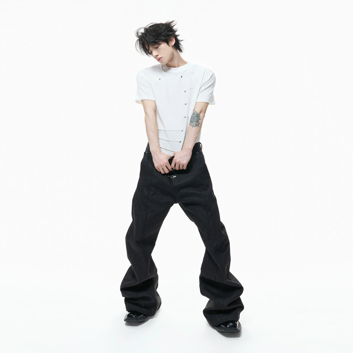 Metal Stud Pleated Crewneck T-Shirt | Unisex Streetwear - main image 4