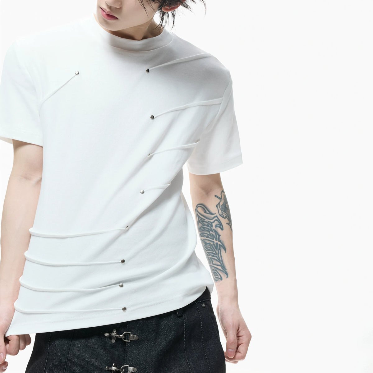 Metal Stud Pleated Crewneck T-Shirt | Unisex Streetwear - main image 5