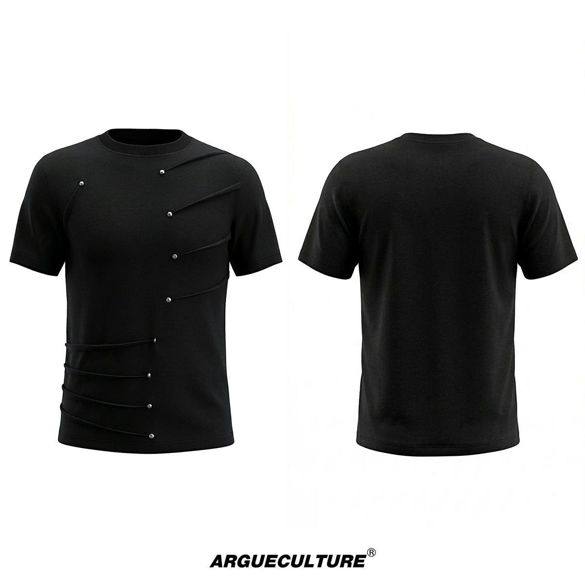 Metal Stud Pleated Crewneck T-Shirt | Unisex Streetwear - Black Top