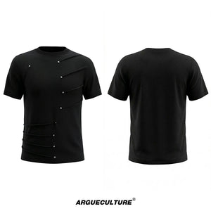 Metal Stud Pleated Crewneck T-Shirt | Unisex Streetwear - Black Top