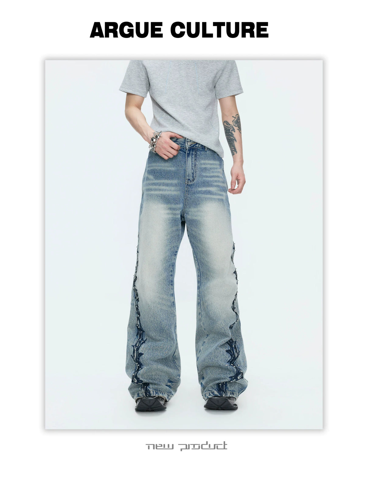 Washed Straight-Leg Jeans with Embroidery and Hardware - description image 4