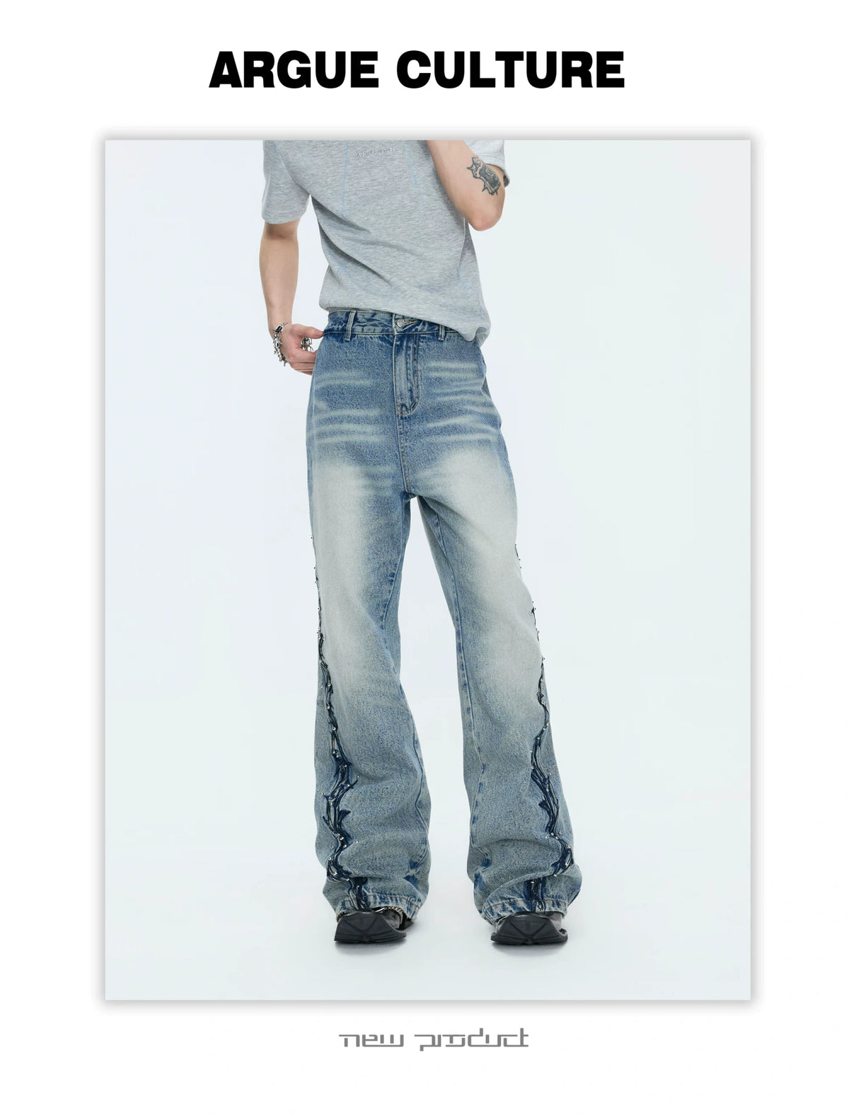 Washed Straight-Leg Jeans with Embroidery and Hardware - description image 5