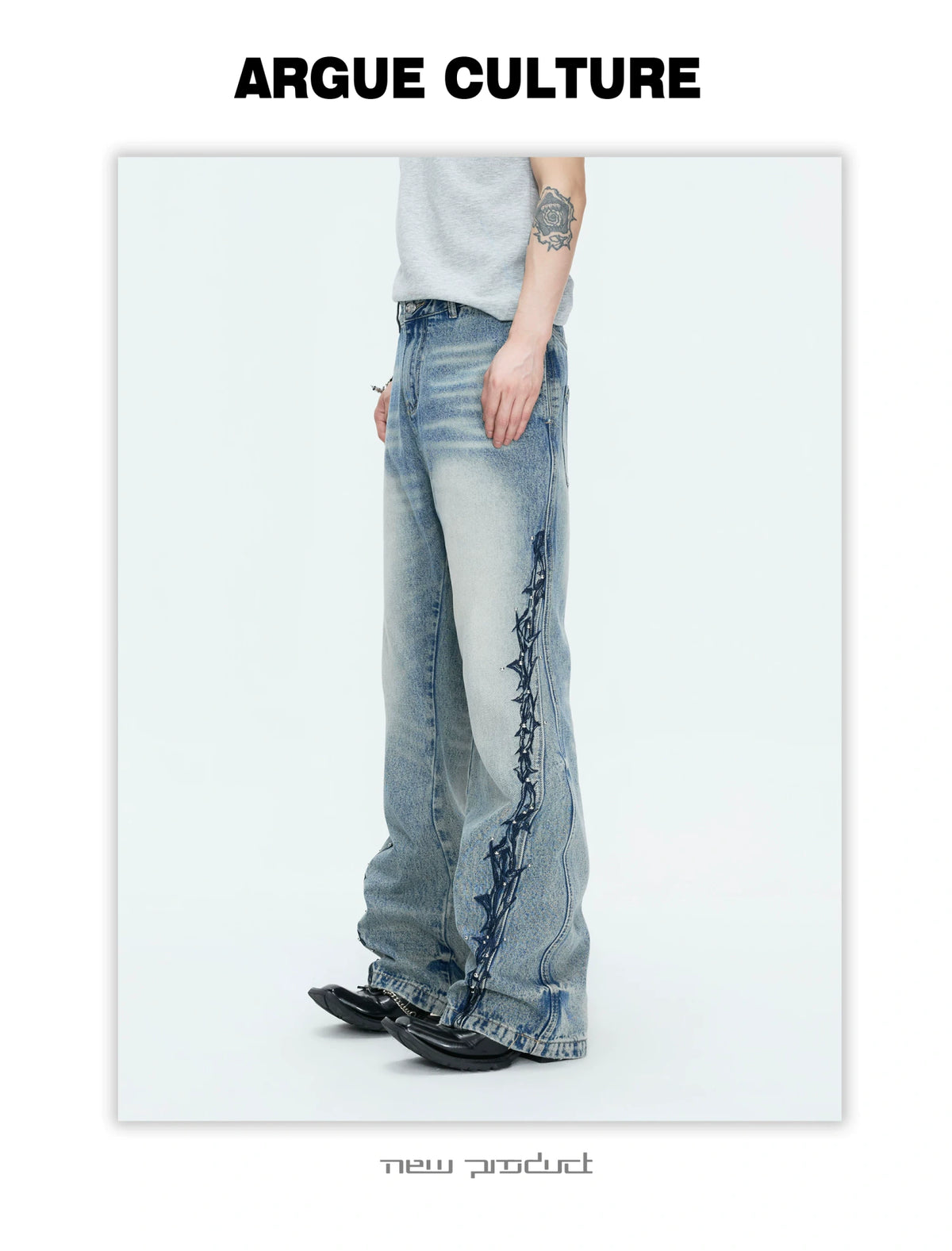 Washed Straight-Leg Jeans with Embroidery and Hardware - description image 6