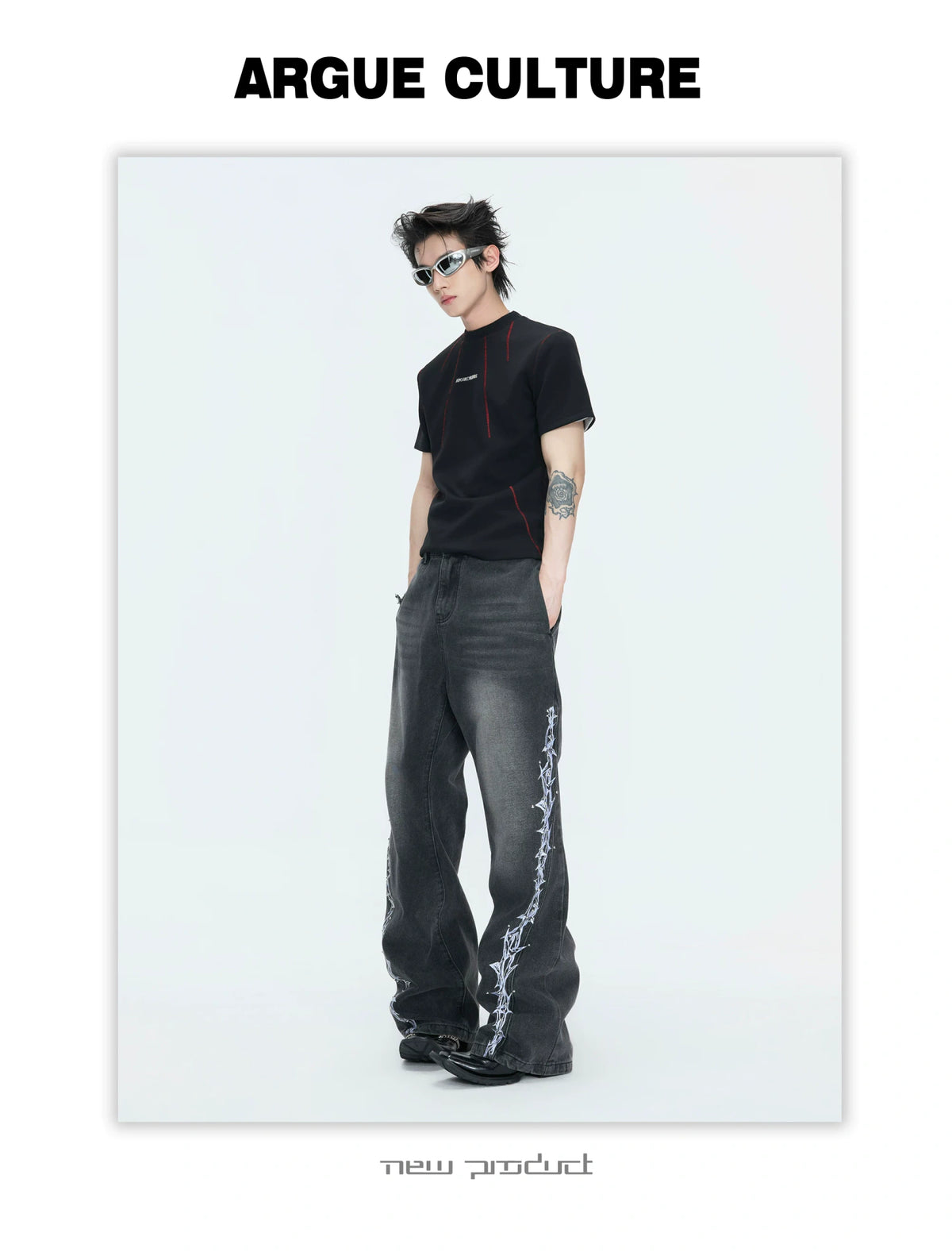 Washed Straight-Leg Jeans with Embroidery and Hardware - description image 7