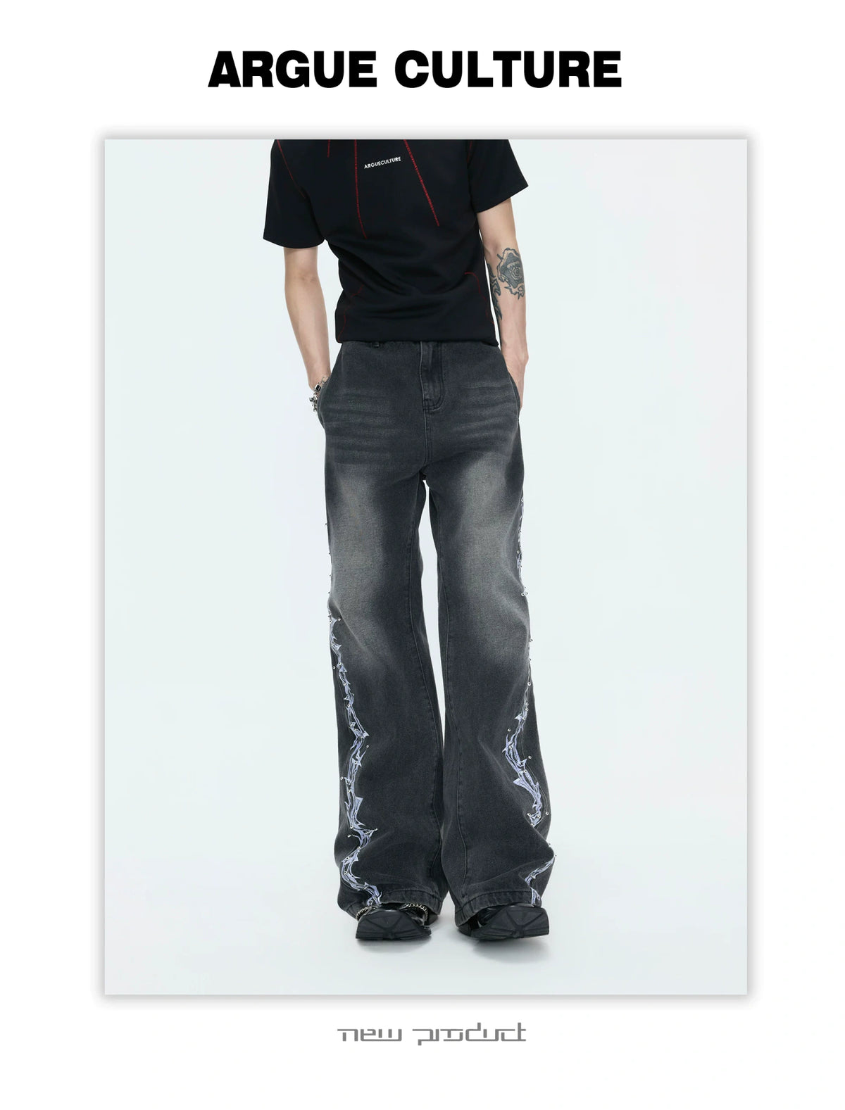 Washed Straight-Leg Jeans with Embroidery and Hardware - description image 8