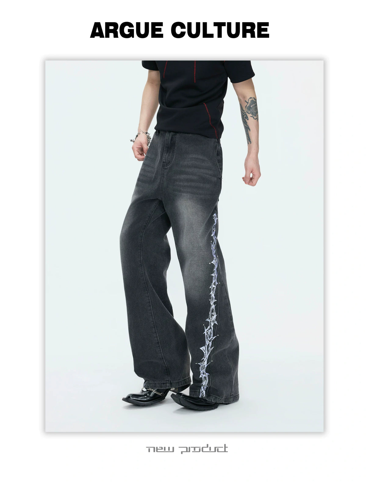 Washed Straight-Leg Jeans with Embroidery and Hardware - description image 9